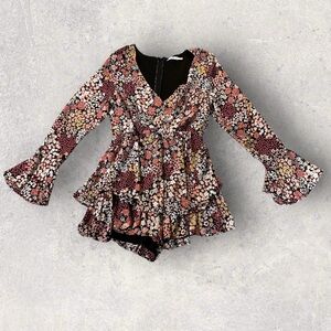 Francesca's Mi Ami Long Sleeve Romper Pink Boho Floral Women’s Size Medium